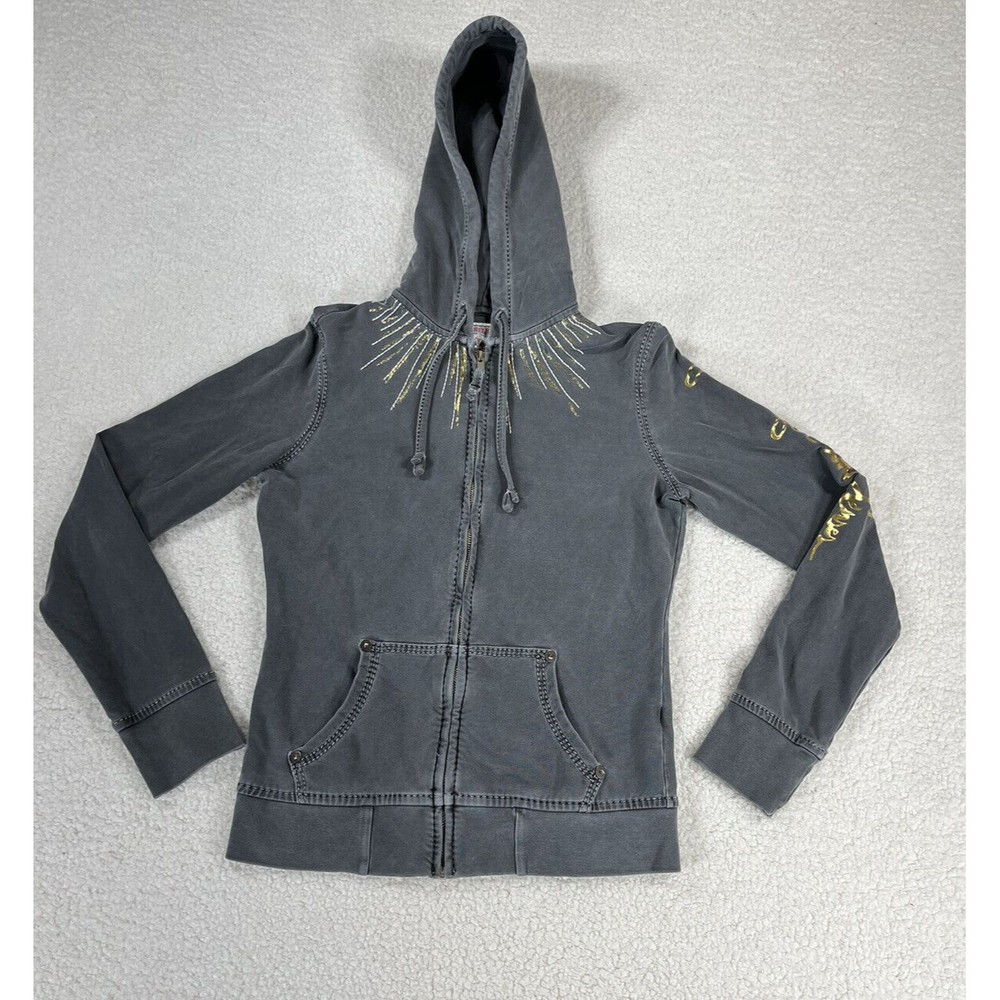 True Religion Women’s Size Medium Gray/Gold Classic Full Zip Hoodie‎ Jacket